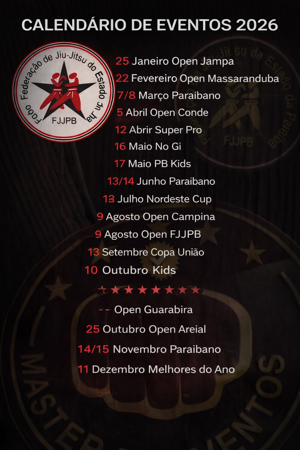 Calendário de eventos FJJPB 2026